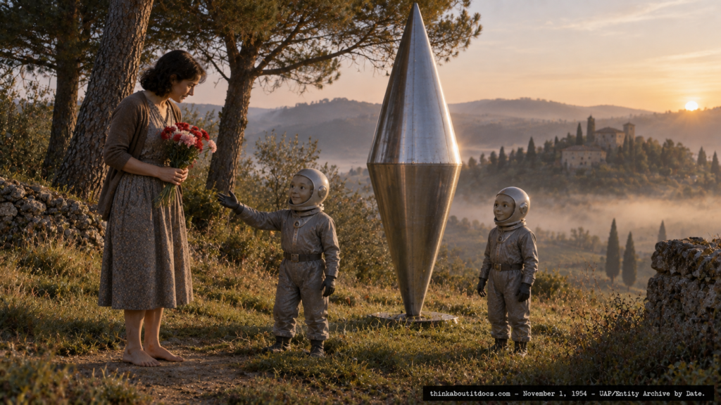 Illustration of two small gray-suited humanoids beside a double-cone spindle craft confronting a barefoot woman with carnations, Cennina, Italy, November 1, 1954