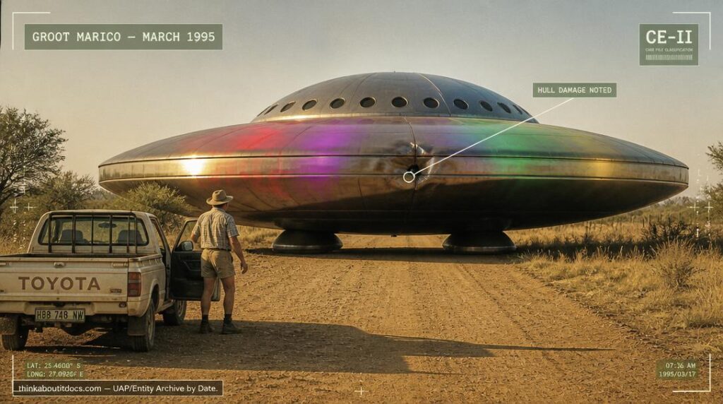 Illustration of the dented, glowing disc-shaped UFO reported resting across a remote road near Coligny and Brakspruit, South Africa in March 1995