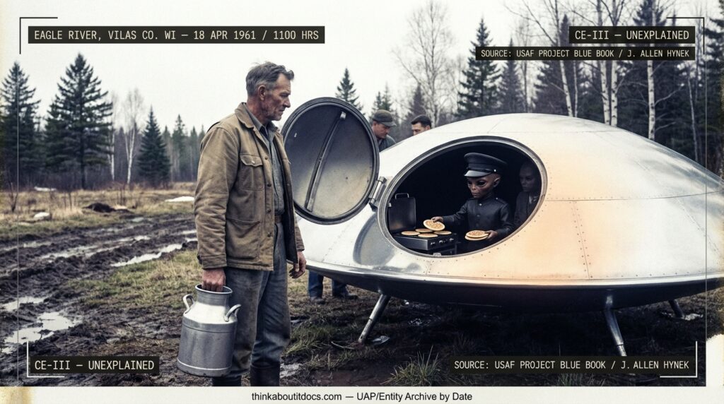 Dossier-style Kodachrome reconstruction of Joe Simonton standing beside a landed chrome disc on his Eagle River Wisconsin farm holding a silvery jug as a humanoid figure in a black turtleneck uniform offers small pancakes from a flameless griddle inside the craft April 1961