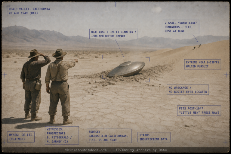 Single panel intelligence dossier image for the August 20 1949 Death Valley California crash report rendered in muted late-1940s color showing a harsh midday desert of cracked salt-pan pale sand and dunes with heat-shimmered barren mountains under a bleached white-hot sky, where two prospectors in 1940s work clothes and broad hats stand pointing with one shielding his eyes while a short distance ahead a small dull metallic disc about twenty-four feet across lies partly embedded and tilted in the sand with a furrow of disturbed earth behind it and two very small dark dwarf-like humanoid silhouettes run away toward a sand dune about to disappear, with HUD overlays marking the disc about 24 feet in diameter at roughly 300 mph before impact, the two small dwarf-like humanoids who fled and were lost at the dune, the extreme 138-degree heat that halted pursuit, the note that no wreckage or bodies were ever located, the genre tag that it fits the post-1947 little-men press wave, the claimed CE-III classification, the two prospector witnesses Buck Fitzgerald and Mace Garney, the Bakersfield Californian page 13 August 21 1949 source, and the Insufficient Data status, with a lower strip reading thinkaboutitdocs.com — UAP/Entity Archive by Date Caption: Two prospectors claim a 24-foot disc crashed and two dwarf-like beings fled into the Death Valley heat, August 1949 — a thin, single-source period tall tale. Single panel intelligence dossier image for the August 20 1949 Death Valley California crash report rendered in muted late-1940s color showing a harsh midday desert of cracked salt-pan pale sand and dunes with heat-shimmered barren mountains under a bleached white-hot sky, where two prospectors in 1940s work clothes and broad hats stand pointing with one shielding his eyes while a short distance ahead a small dull metallic disc about twenty-four feet across lies partly embedded and tilted in the sand with a furrow of disturbed earth behind it and two very small dark dwarf-like humanoid silhouettes run away toward a sand dune about to disappear, with HUD overlays marking the disc about 24 feet in diameter at roughly 300 mph before impact, the two small dwarf-like humanoids who fled and were lost at the dune, the extreme 138-degree heat that halted pursuit, the note that no wreckage or bodies were ever located, the genre tag that it fits the post-1947 little-men press wave, the claimed CE-III classification, the two prospector witnesses Buck Fitzgerald and Mace Garney, the Bakersfield Californian page 13 August 21 1949 source, and the Insufficient Data status, with a lower strip reading thinkaboutitdocs.com — UAP/Entity Archive by Date
