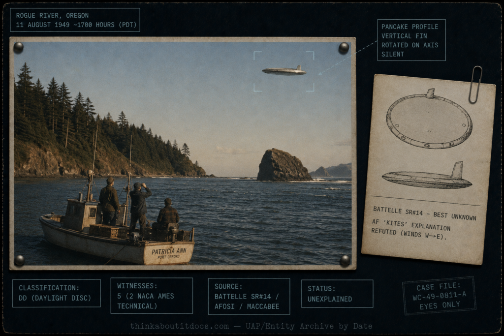 Intelligence-dossier evidence board for the May 1949 Rogue River, Oregon daylight disc sighting, showing a clear late-afternoon Oregon coast scene at the river mouth near Elephant Rock with a small fishing boat and a figure raising 8-power binoculars toward a thin silvery coin- or pancake-shaped disc hanging obliquely in the sky, the disc bearing a small vertical fin on its trailing edge and a wrinkled dirty-looking rim with no wings or engines; rendered in muted warm 1949 Kodachrome film character, with a clipped inset of two Battelle Special Report #14 line-sketch views of the finned disc and a note that the Air Force "kites" explanation was refuted because the winds blew west to east, and restrained cool-steel tactical HUD overlays marking the case as Classification DD daylight disc, five witnesses including two NACA Ames technical employees, sourced to Battelle Special Report #14, the AFOSI investigation, and Bruce Maccabee, status Unexplained.
