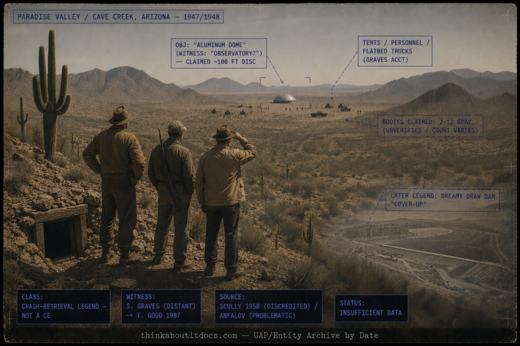 Single panel intelligence dossier image for the 1948 Dreamy Draw Paradise Valley Arizona UFO crash legend rendered in muted late-1940s color showing a rocky Sonoran desert hilltop with saguaro cacti scrub and an old mine shaft where three men in 1940s hunting clothes look out across the valley, and in the middle distance a small ambiguous aluminum-gray rounded dome-shaped object resting on the desert floor the size of a house ringed by tiny tents small human figures and flatbed trucks suggesting a military cordon with desert mountains beyond under a hazy sky and a faint ghosted overlay of a later dam earthwork at lower right, with HUD overlays marking the distant aluminum dome that the witness first took for an observatory and the claimed roughly 100-foot disc, the tents personnel and flatbed trucks from the Graves account, the unverified and varying claim of two to twelve gray bodies, the later Dreamy Draw Dam cover-up legend, the crash-retrieval-legend classification, the distant witness Selman Graves relayed to Timothy Good in 1987, the discredited Frank Scully 1950 and problematic Anfalov sources, and the Insufficient Data status, with a lower strip reading thinkaboutitdocs.com — UAP/Entity Archive by Date