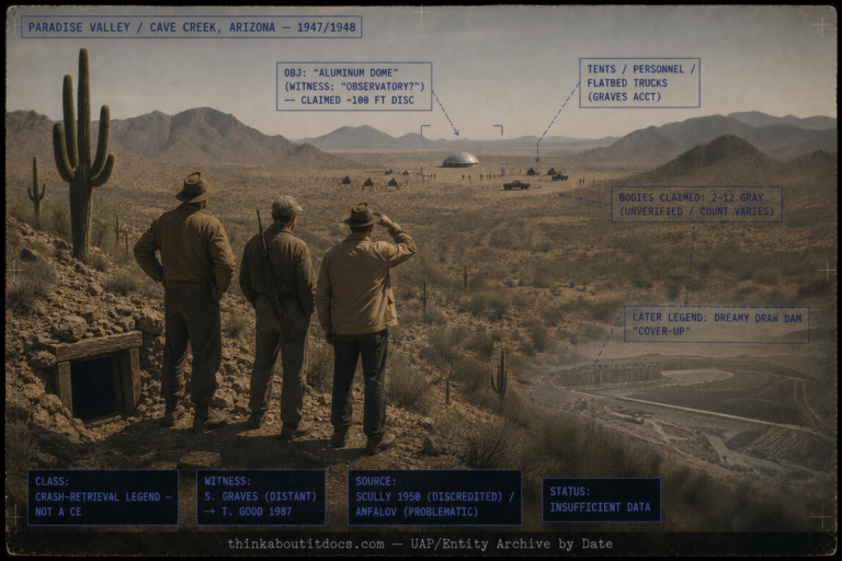 Single panel intelligence dossier image for the 1948 Dreamy Draw Paradise Valley Arizona UFO crash legend rendered in muted late-1940s color showing a rocky Sonoran desert hilltop with saguaro cacti scrub and an old mine shaft where three men in 1940s hunting clothes look out across the valley, and in the middle distance a small ambiguous aluminum-gray rounded dome-shaped object resting on the desert floor the size of a house ringed by tiny tents small human figures and flatbed trucks suggesting a military cordon with desert mountains beyond under a hazy sky and a faint ghosted overlay of a later dam earthwork at lower right, with HUD overlays marking the distant aluminum dome that the witness first took for an observatory and the claimed roughly 100-foot disc, the tents personnel and flatbed trucks from the Graves account, the unverified and varying claim of two to twelve gray bodies, the later Dreamy Draw Dam cover-up legend, the crash-retrieval-legend classification, the distant witness Selman Graves relayed to Timothy Good in 1987, the discredited Frank Scully 1950 and problematic Anfalov sources, and the Insufficient Data status, with a lower strip reading thinkaboutitdocs.com — UAP/Entity Archive by Date