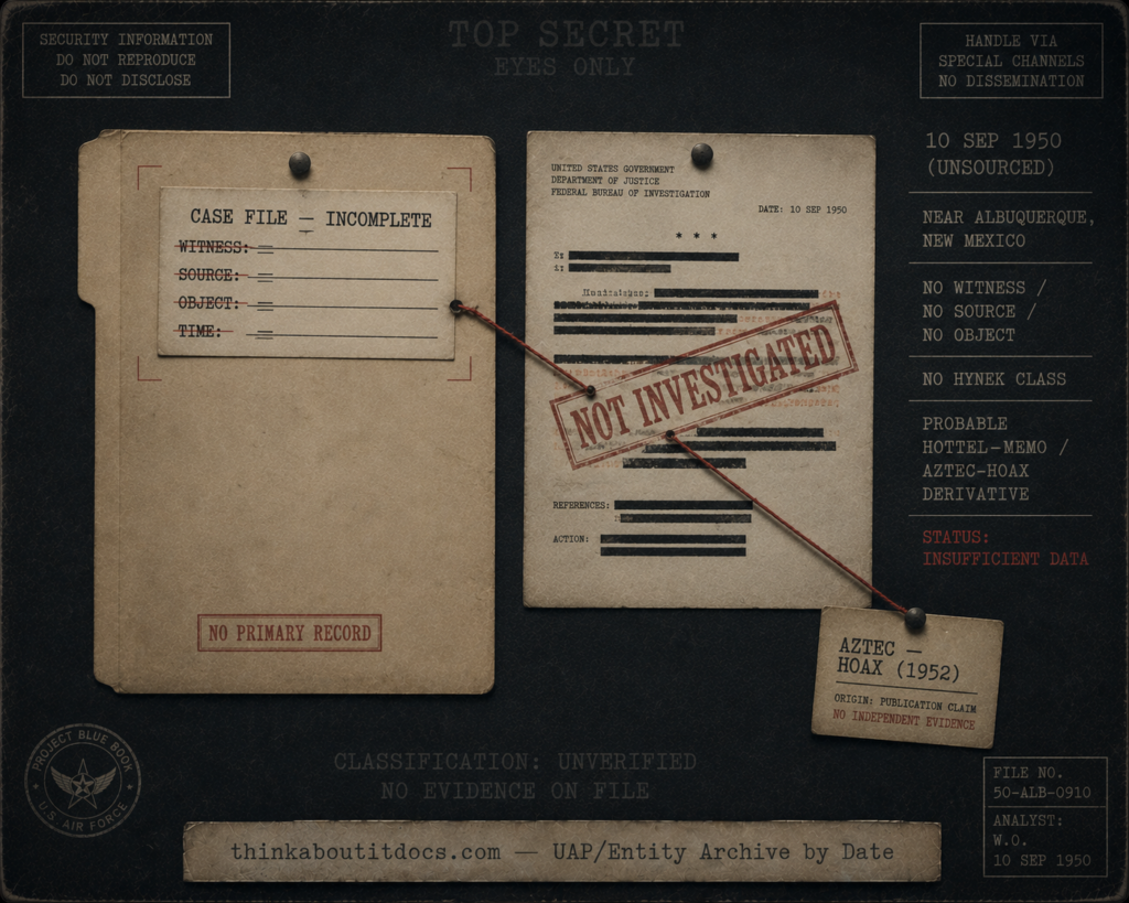 Dossier-style evidence-board image for the unsourced 1950 Albuquerque UFO crash claim showing a nearly blank case file with empty witness, source, and object fields beside a generic 1950s FBI-style memo stamped "Not Investigated," connected by a dull-red thread to a card reading "Aztec — Hoax 1952," overlaid with HUD stamps noting no primary record, no Hynek classification, and a status of Insufficient Data, in a muted indigo-charcoal early-1950s register with a single red accent.