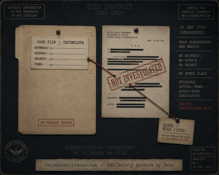 Dossier-style evidence-board image for the unsourced 1950 Albuquerque UFO crash claim showing a nearly blank case file with empty witness, source, and object fields beside a generic 1950s FBI-style memo stamped "Not Investigated," connected by a dull-red thread to a card reading "Aztec — Hoax 1952," overlaid with HUD stamps noting no primary record, no Hynek classification, and a status of Insufficient Data, in a muted indigo-charcoal early-1950s register with a single red accent.