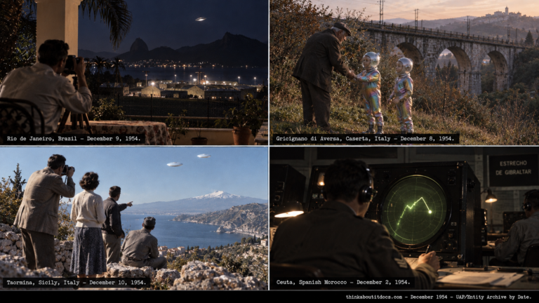 Four-panel collage of early December 1954 UFO sightings: the Rio de Janeiro photograph, the Gricignano di Aversa disappearance, the Taormina Sicily photograph, and the Ceuta Spanish Morocco radar intercept