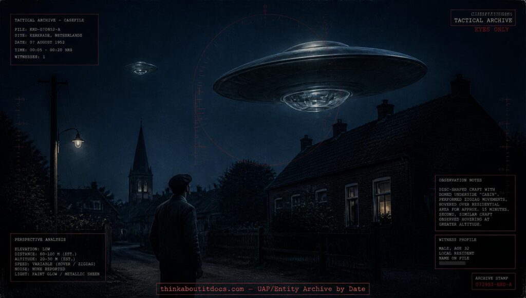 Archival-style illustration of the 1952 Kerkrade, Netherlands UFO case, showing two disc-shaped craft with underside cabins over a Dutch town at night