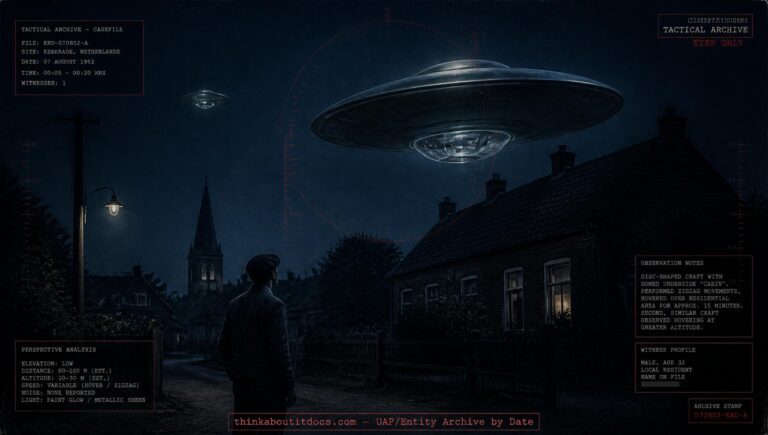 Archival-style illustration of the 1952 Kerkrade, Netherlands UFO case, showing two disc-shaped craft with underside cabins over a Dutch town at night