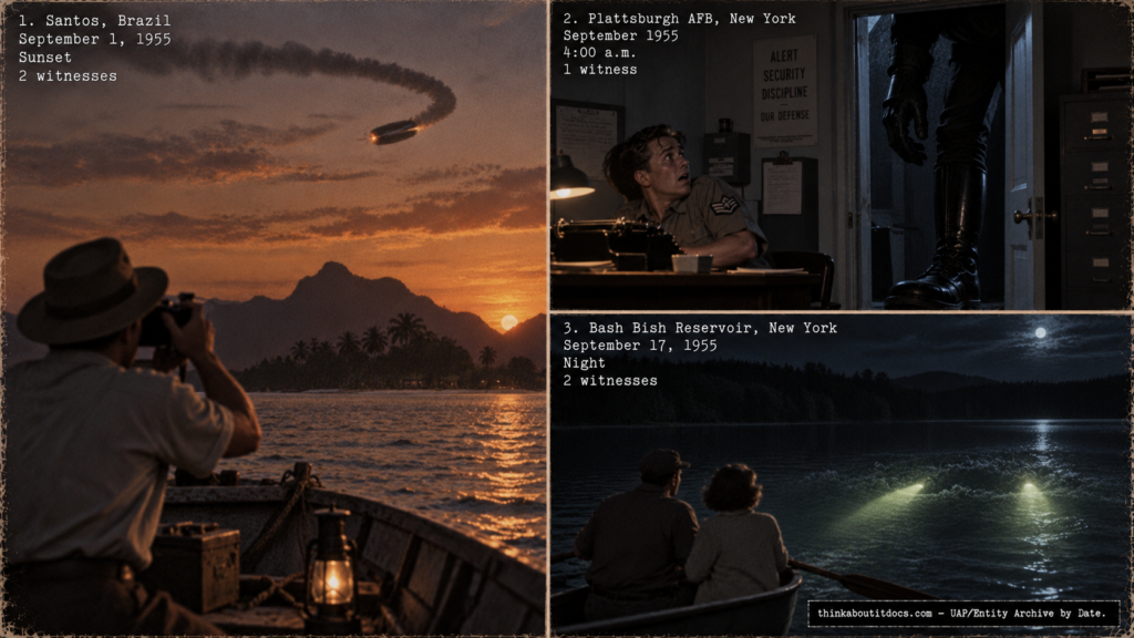 Illustrated collage of September 1955 UFO cases including the Santos Brazil photographed object, Plattsburgh Air Force Base intruder, and Bash Bish Reservoir New York encounter