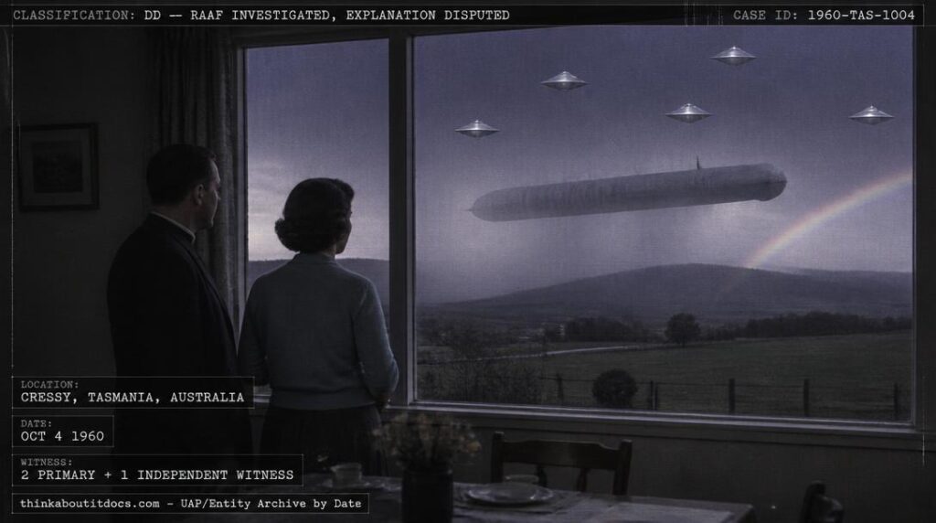 A long grey cigar-shaped UFO with five smaller silver discs emerging from a rain squall over rural Cressy, Tasmania, October 1960