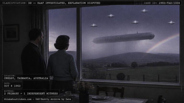 A long grey cigar-shaped UFO with five smaller silver discs emerging from a rain squall over rural Cressy, Tasmania, October 1960