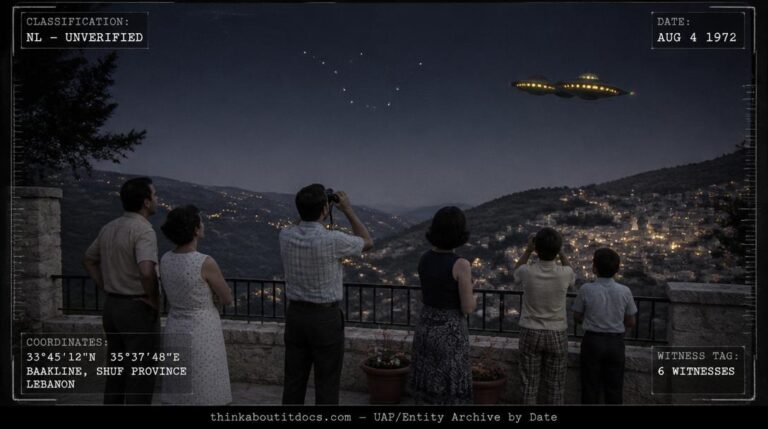 A double-saucer craft with lit windows and a glowing dome seen through binoculars over Baakline, Lebanon in 1972