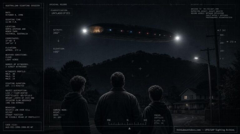 Illustration of the 1996 North Croydon, Victoria UFO sighting showing a large disc-cigar shaped object with porthole lights and an interior glow, watched by a father and two sons