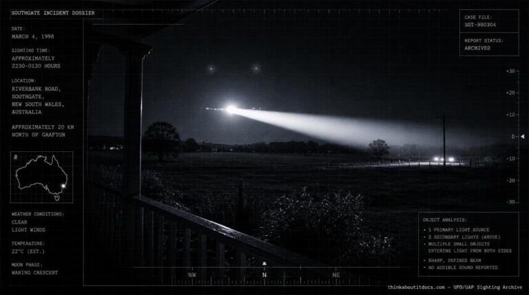 Illustration of the 1998 Southgate, NSW UFO sighting showing a bright light with a sharp wedge-shaped beam and small rectangular objects entering it over a rural farm at night