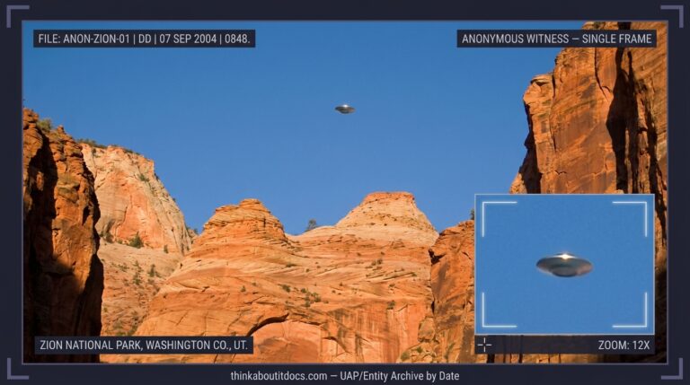 Reconstruction of the September 2004 Zion National Park UFO photograph showing a small metallic gray disc above red-rock canyon formations in a daytime landscape image with an enlarged inset detail.