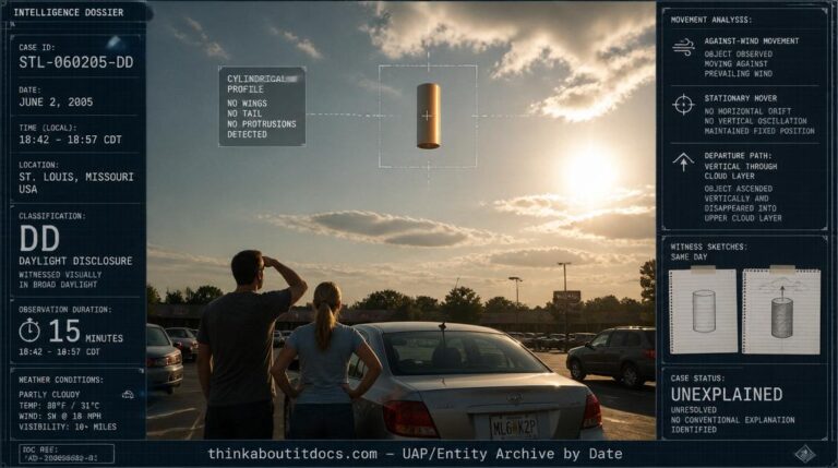 Intelligence dossier image for the June 2 2005 St. Louis Missouri DD showing a featureless metallic cylindrical object hanging motionless in a late afternoon sky near the sun as a couple watches from a suburban parking lot with witness sketches documented same day
