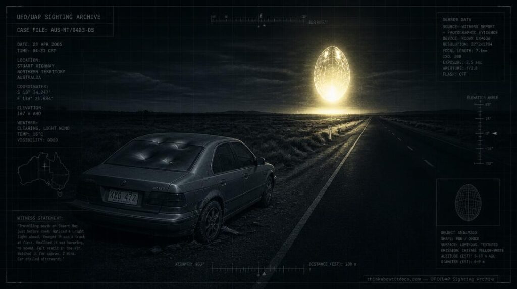 Illustration of the 1988 Knowles family Mundrabilla UFO encounter showing a blinding egg-shaped object near a car with roof dents on the Nullarbor Plain