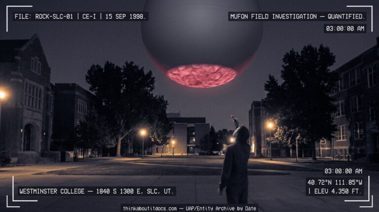 Reconstruction of the September 1998 Salt Lake City sphere sighting showing a massive gray sphere with reddish cratered underside passing at rooftop height over Westminster College campus at night with a lone witness looking up.