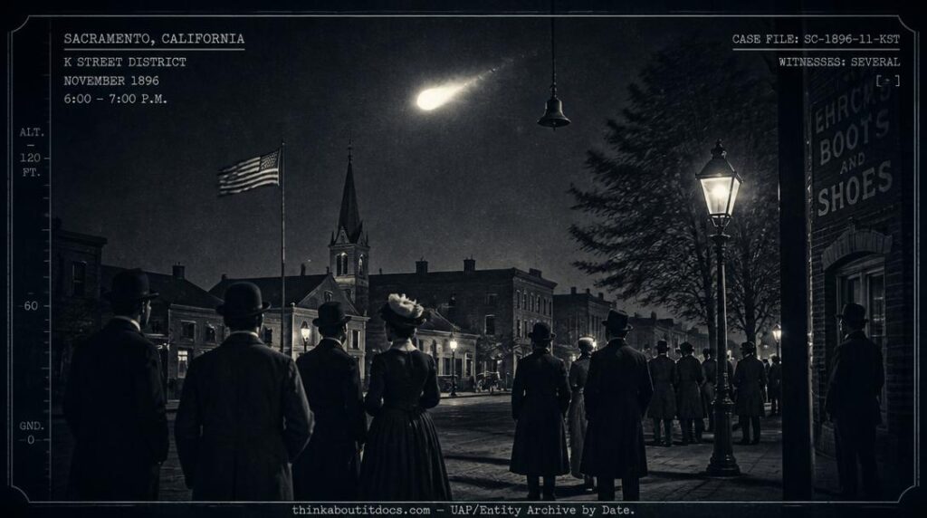 Dossier-style illustration of the 1896 Sacramento sighting showing Victorian-era townspeople watching a brilliant light sail low over rooftops near a steeple