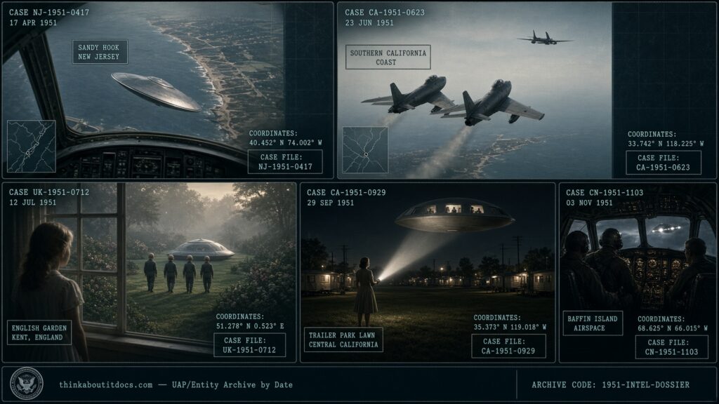 Five-panel collage of September 1951 UFO sightings including Fort Monmouth New Jersey, March Field California, and Withdean Sussex England