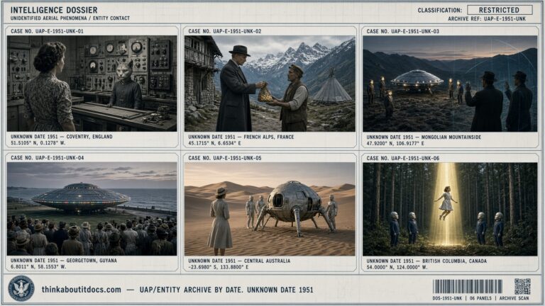 Six-panel collage of undated 1951 UFO and entity encounters from England, France, Mongolia, Guyana, Australia, and Canada