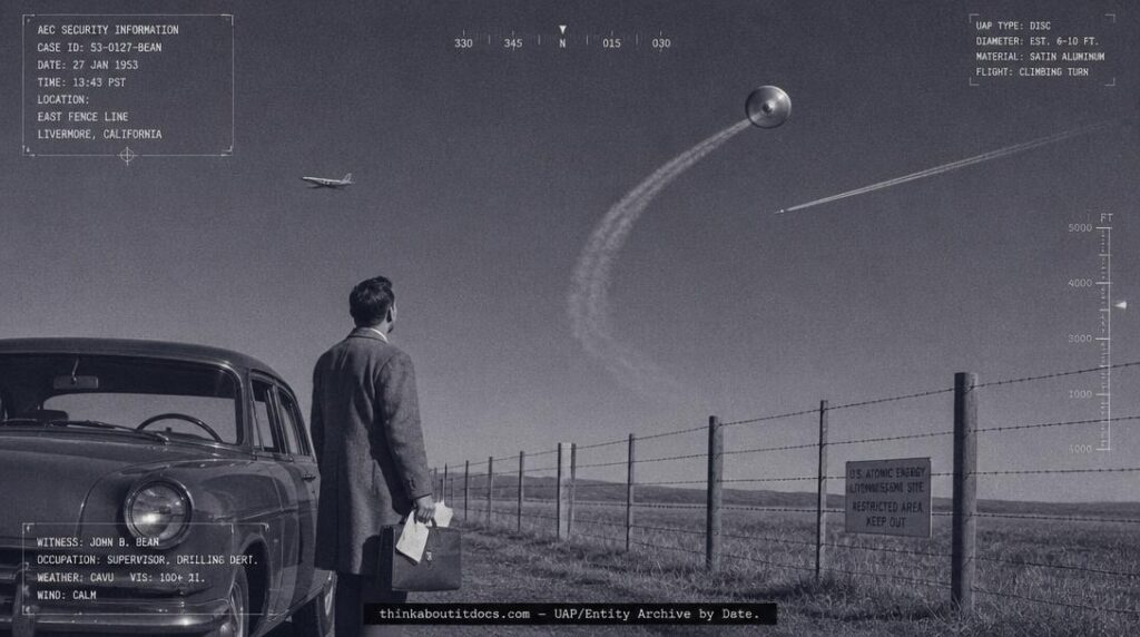 Dossier-style illustration of the 1953 Livermore, California sighting showing a witness watching a satin-aluminum disc climb sharply near a DC-6 and a contrail-producing jet