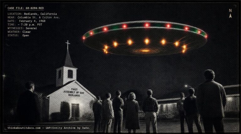 Dossier-style illustration of the 1968 Redlands, California sighting showing townspeople outside a church watching a large disc with orange flame jets and alternating red and green lights