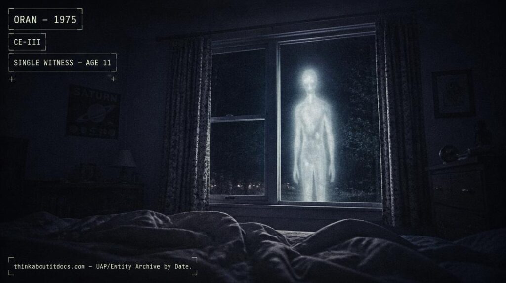 Illustration of the glowing white humanoid figure reported staring through a bedroom window in Oran, Algeria in 1975