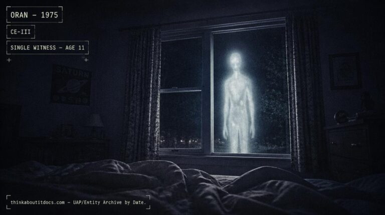Illustration of the glowing white humanoid figure reported staring through a bedroom window in Oran, Algeria in 1975