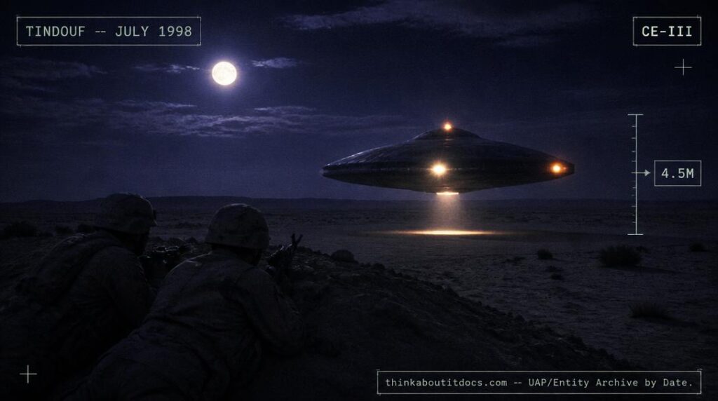 Illustration of the low-hovering, multi-lit UFO reported by two Algerian soldiers near Tindouf, Algeria in July 1998