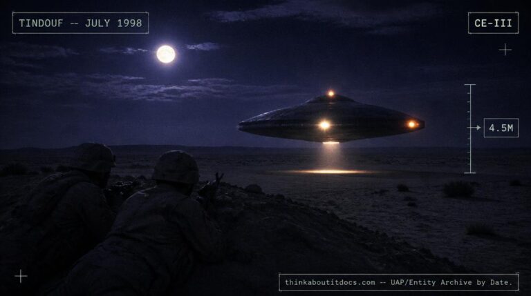 Illustration of the low-hovering, multi-lit UFO reported by two Algerian soldiers near Tindouf, Algeria in July 1998