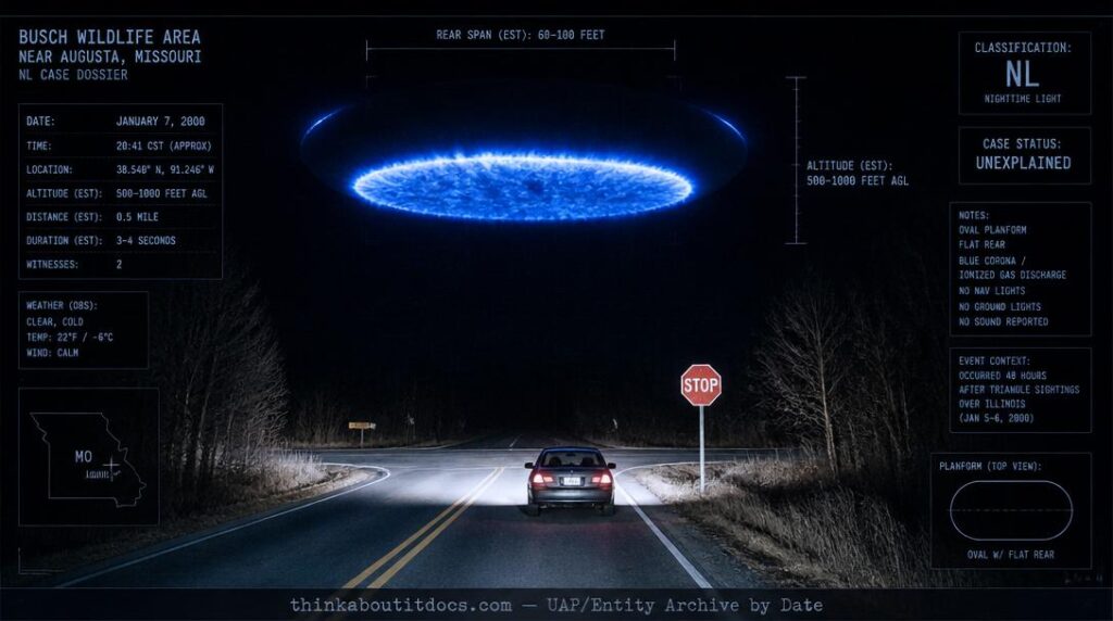 Intelligence dossier image for the January 7 2000 Busch Wildlife Area Missouri NL showing an enormous dark oval craft with a flat rear end at distance over rural highway as vivid electric-blue ionized gas corona erupts from the rear surface illuminating the curving flanks