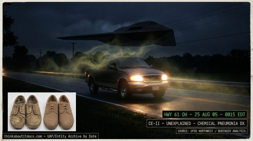 Dossier-style reconstruction of the August 2005 two-encounter CE-II showing a dark stealth-like craft crossing a rural highway directly over a Ford pickup truck with yellowish-green mist trailing from its passage and an inset showing damaged shoes versus new control shoes