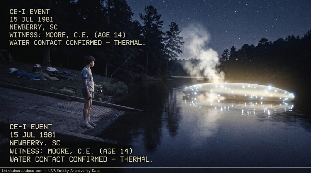 Dossier-style illustration of a 30-foot glowing cigar-shaped object resting on a lake surface near Newberry, South Carolina, July 1981, with steam rising from the water contact point as a teenage witness watches from a boat ramp.