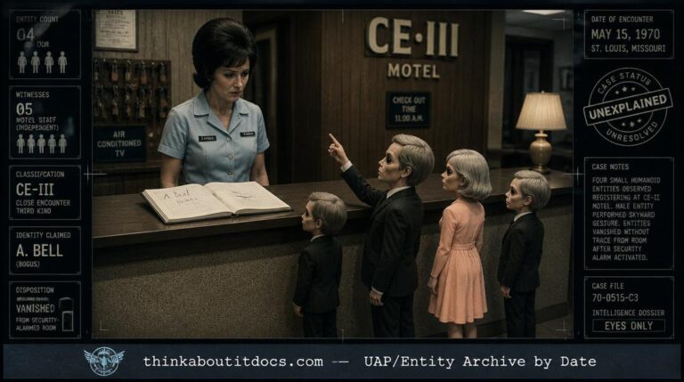 Intelligence dossier image for the May 15 1970 St. Louis Missouri CE-III showing four impossibly small humanoid entities in tailored clothing standing at a motel front desk barely reaching its surface as the desk clerk looks down in bewilderment with one entity pointing skyward