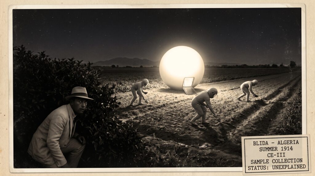 Illustration of the summer 1914 Blida Algeria CE-III encounter showing a large luminous sphere landed in North African irrigation fields as several short figures in helmets and light-colored combination suits collect ground samples while a French settler conceals himself behind a hedge in the foreground shadow watching the operation