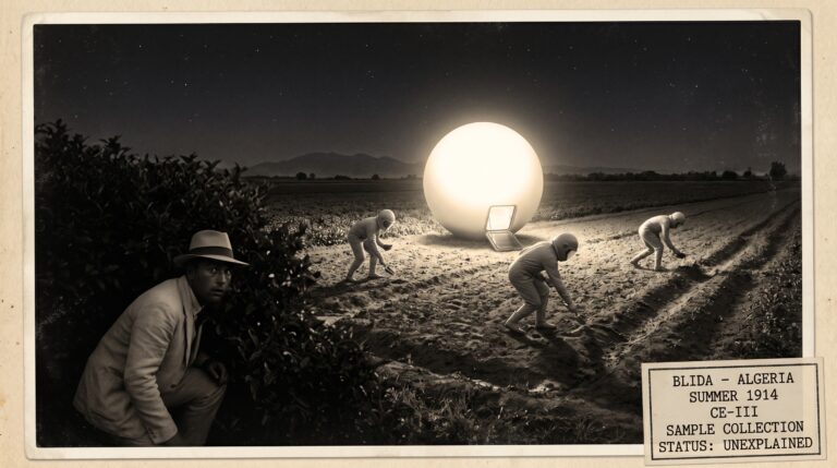 Illustration of the summer 1914 Blida Algeria CE-III encounter showing a large luminous sphere landed in North African irrigation fields as several short figures in helmets and light-colored combination suits collect ground samples while a French settler conceals himself behind a hedge in the foreground shadow watching the operation