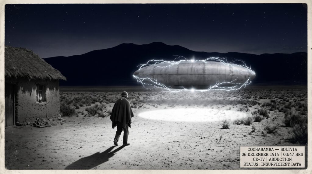 Illustration of the December 6 1914 Cochabamba Bolivia CE-IV abduction showing an elderly man frozen mid-stride in a high Andean field as a white light transport beam from a large gray cigar-shaped craft encircled in electrical corona discharge begins to envelop him at 3:47 in the morning