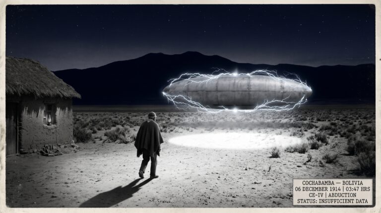 Illustration of the December 6 1914 Cochabamba Bolivia CE-IV abduction showing an elderly man frozen mid-stride in a high Andean field as a white light transport beam from a large gray cigar-shaped craft encircled in electrical corona discharge begins to envelop him at 3:47 in the morning