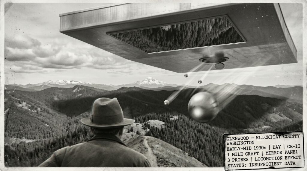 Illustration of the early 1930s Glenwood Washington CE-II encounter showing the underside of an enormous mile-long rectangular silverish craft filling the sky with a mirror panel reflecting the terrain below and three ball probes streaking toward a lone figure on a forest ridge path who is running but barely moving due to the locomotion impedance effect during probe proximity