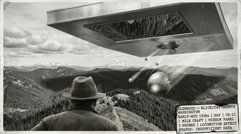 Illustration of the early 1930s Glenwood Washington CE-II encounter showing the underside of an enormous mile-long rectangular silverish craft filling the sky with a mirror panel reflecting the terrain below and three ball probes streaking toward a lone figure on a forest ridge path who is running but barely moving due to the locomotion impedance effect during probe proximity