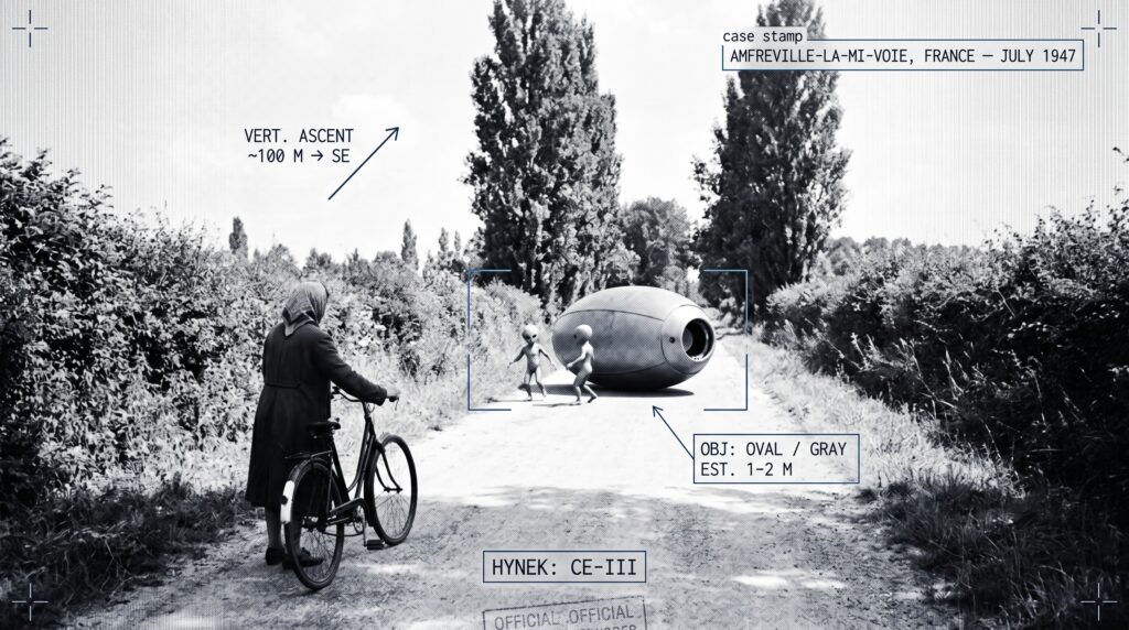 Single panel intelligence dossier image for the 1947 Amfreville-la-Mi-Voie France encounter showing a small gray oval craft about one to two meters tall resting on a rural road parallel to the Seine near Rouen, with two roughly one-meter-tall humanoid beings turning beside it and an older woman dismounted from a bicycle about a hundred meters away ringing her bell, rendered as a grainy 1947 silver gelatin press photograph in an indigo-charcoal palette with HUD overlays marking the oval gray object, the vertical ascent and south-east departure vector, the CE-III classification, and the 1972 Delabroye source