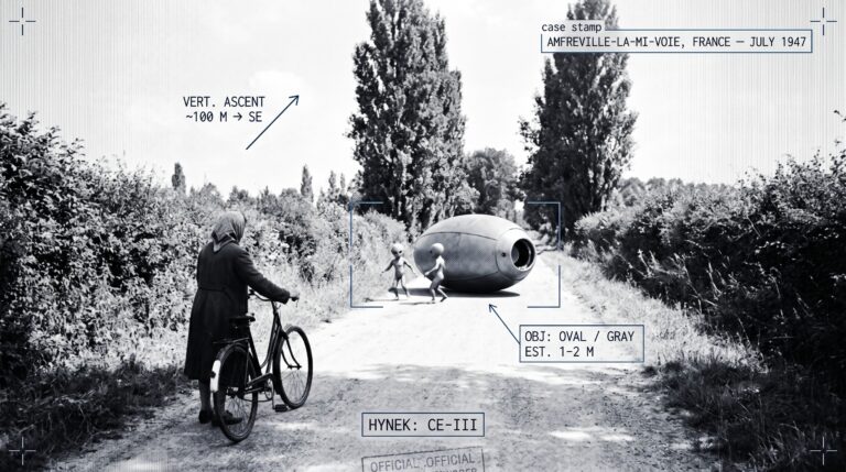Single panel intelligence dossier image for the 1947 Amfreville-la-Mi-Voie France encounter showing a small gray oval craft about one to two meters tall resting on a rural road parallel to the Seine near Rouen, with two roughly one-meter-tall humanoid beings turning beside it and an older woman dismounted from a bicycle about a hundred meters away ringing her bell, rendered as a grainy 1947 silver gelatin press photograph in an indigo-charcoal palette with HUD overlays marking the oval gray object, the vertical ascent and south-east departure vector, the CE-III classification, and the 1972 Delabroye source