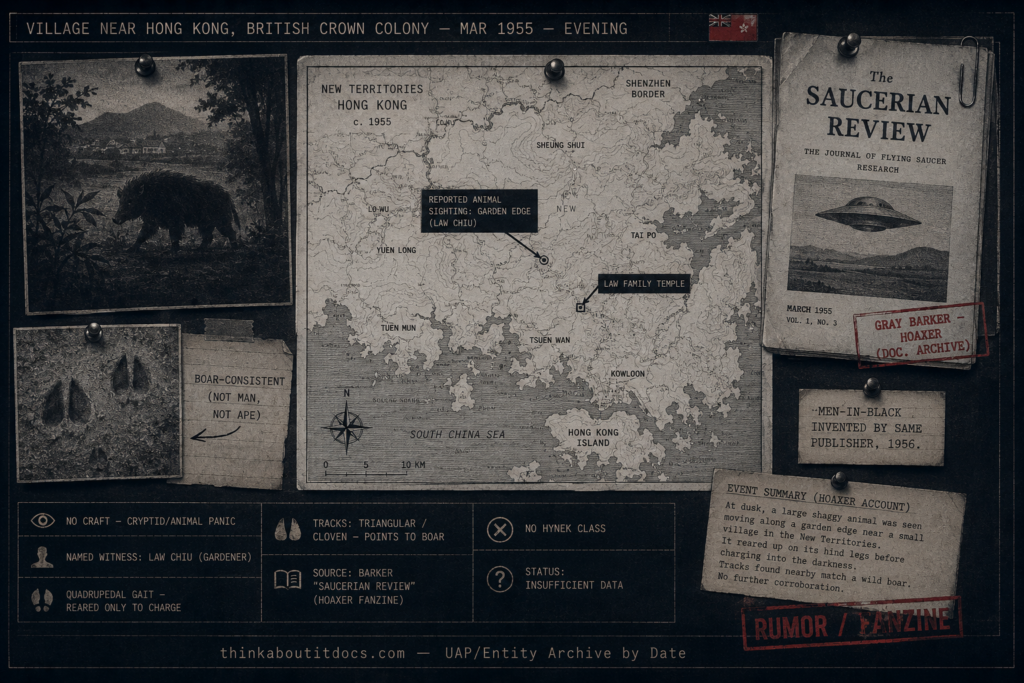 Dossier-style evidence board centered on a monochrome map of the rural New Territories outside 1955 Hong Kong, with a shaggy quadrupedal animal silhouette by a garden, an inset of triangular cloven-hoof tracks, and a pinned mock-cover of Gray Barker's Saucerian Review marked hoaxer, status Insufficient Data