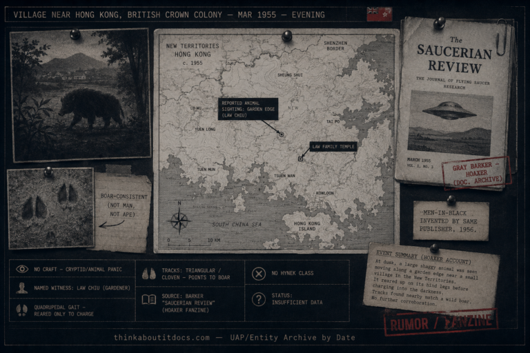 Dossier-style evidence board centered on a monochrome map of the rural New Territories outside 1955 Hong Kong, with a shaggy quadrupedal animal silhouette by a garden, an inset of triangular cloven-hoof tracks, and a pinned mock-cover of Gray Barker's Saucerian Review marked hoaxer, status Insufficient Data