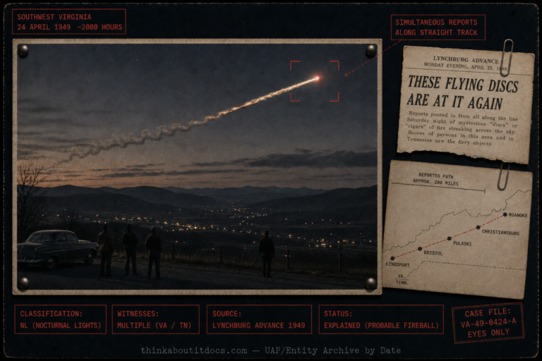 Intelligence-dossier evidence board for the May 1949 Virginia and Tennessee flying-disc newspaper report, showing a wide dusk landscape over the Blue Ridge ridgelines with small darkened towns below as a single long fiery cigar-shaped object with a bright red glowing nose crosses the deep-blue evening sky from southwest to east, trailing a wriggling tail of fire and smoke, with a few distant unidentifiable people looking up from a roadside; rendered in coarse low-saturation late-1940s silver-gelatin press texture, with a clipped newspaper fragment headlined "These Flying Discs Are At It Again" and a high-contrast map showing a straight dashed southwest-to-northeast line through Kingsport, Bristol, Pulaski, Christiansburg, and Roanoke, and restrained red tactical HUD overlays marking the case as Classification NL nocturnal lights, multiple Virginia and Tennessee witnesses, source the Lynchburg Advance 1949, status Explained as a probable fireball.