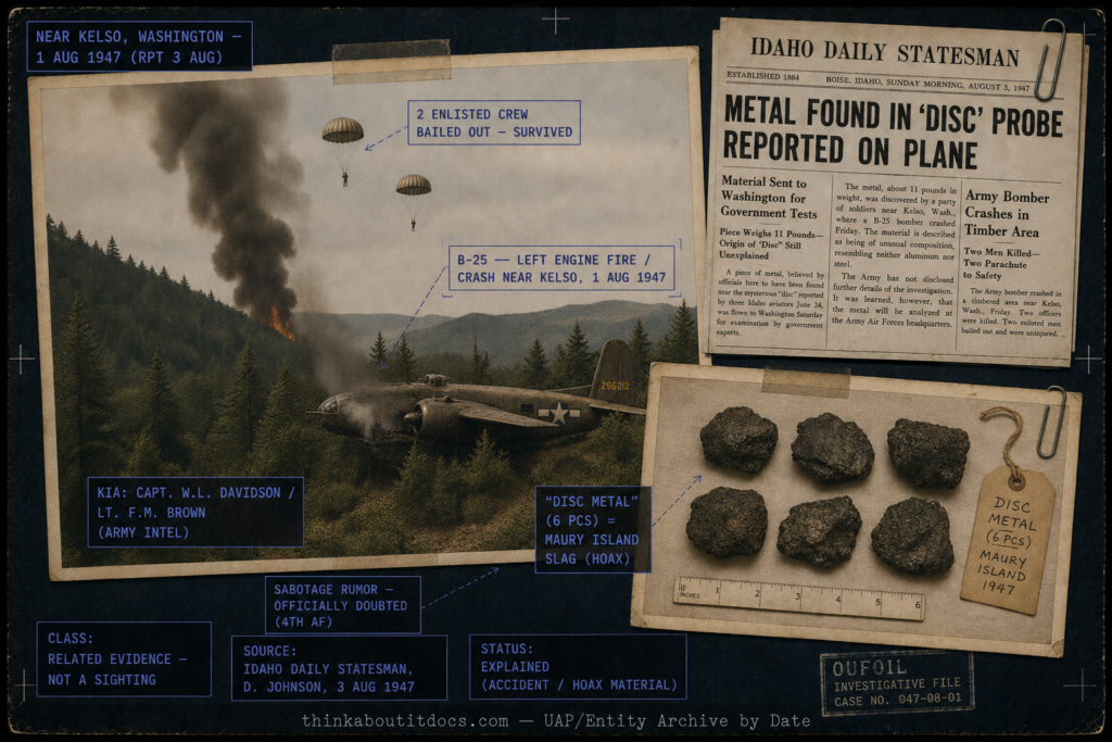 Single panel intelligence dossier evidence-board image for the August 1 1947 B-25 crash near Kelso Washington rendered in muted late-1940s color showing a forested hillside with a column of dark oily smoke rising from an off-frame crash site two parachutes drifting down against a pale overcast sky and the wing and tail of a 1947 twin-engine B-25 bomber visible in the trees with its left engine smoking, an aged-paper evidence inset in the lower corner showing six dark heavy slag-like fragments on a cloth tagged as the disc metal, and an upper-corner black-and-white newspaper inset reproducing the Idaho Daily Statesman August 3 1947 headline Metal Found in Disc Probe Reported on Plane, with HUD overlays marking the B-25 left-engine fire and Kelso crash, the two enlisted crew who bailed out and survived, the killed intelligence officers Captain William Davidson and Lieutenant Frank Brown, the six pieces of disc metal identified as Maury Island foundry slag from a hoax, the officially doubted sabotage rumor, the related-evidence classification, the Idaho Daily Statesman Dave Johnson source, and the Explained accident and hoax-material status, with a lower strip reading thinkaboutitdocs.com — UAP/Entity Archive by Date