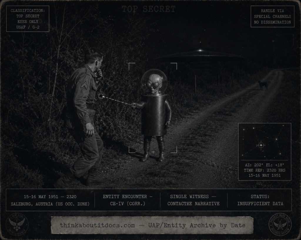 Dossier-style night reconstruction of the May 1951 Salzburg, Austria encounter showing a paralyzed U.S. occupation-army driver on a dark roadside as a five-foot humanoid in a transparent spherical helmet with large compound insect-like eyes points a thin pencil-like rod at a black plate on the soldier's chest, a 150-foot disc concealed in a field behind the brush, rendered in cold indigo-charcoal monochrome with a single cool accent and stenciled date and classification stamps.
