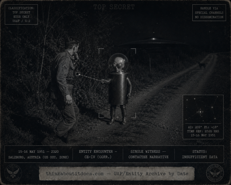 Dossier-style night reconstruction of the May 1951 Salzburg, Austria encounter showing a paralyzed U.S. occupation-army driver on a dark roadside as a five-foot humanoid in a transparent spherical helmet with large compound insect-like eyes points a thin pencil-like rod at a black plate on the soldier's chest, a 150-foot disc concealed in a field behind the brush, rendered in cold indigo-charcoal monochrome with a single cool accent and stenciled date and classification stamps.