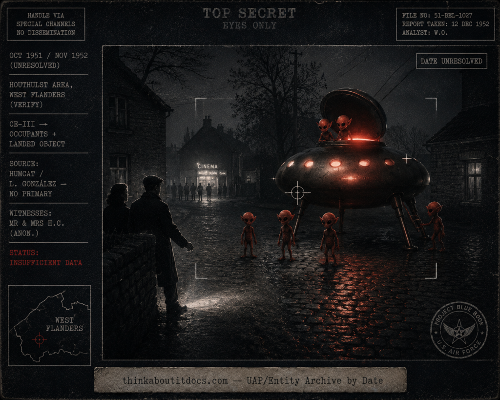 Dossier-style night reconstruction of the catalogued Houthulst Belgium UFO case showing a luminous rounded craft on four legs at a rural Flemish street corner with seven small big-headed red beings emerging, one inspecting a landing leg, a witness couple by a wall as a beam strikes the cobbles before the man's feet, and distant cinema-goers seeing the glow, overlaid with HUD stamps noting the unresolved date, unverified locality, CE-III class, HumCat sourcing, and Status: Insufficient Data, in a cold indigo-charcoal register with a single flame-red accent.